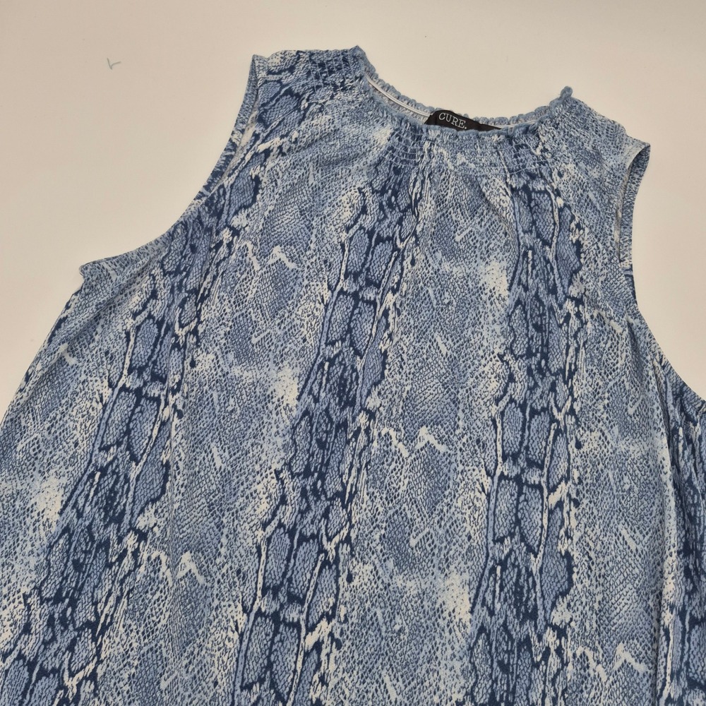 CURE. Blue Snakeskin Print Smocked Neck Sleeveless Blouse Top M1-3106 Medium